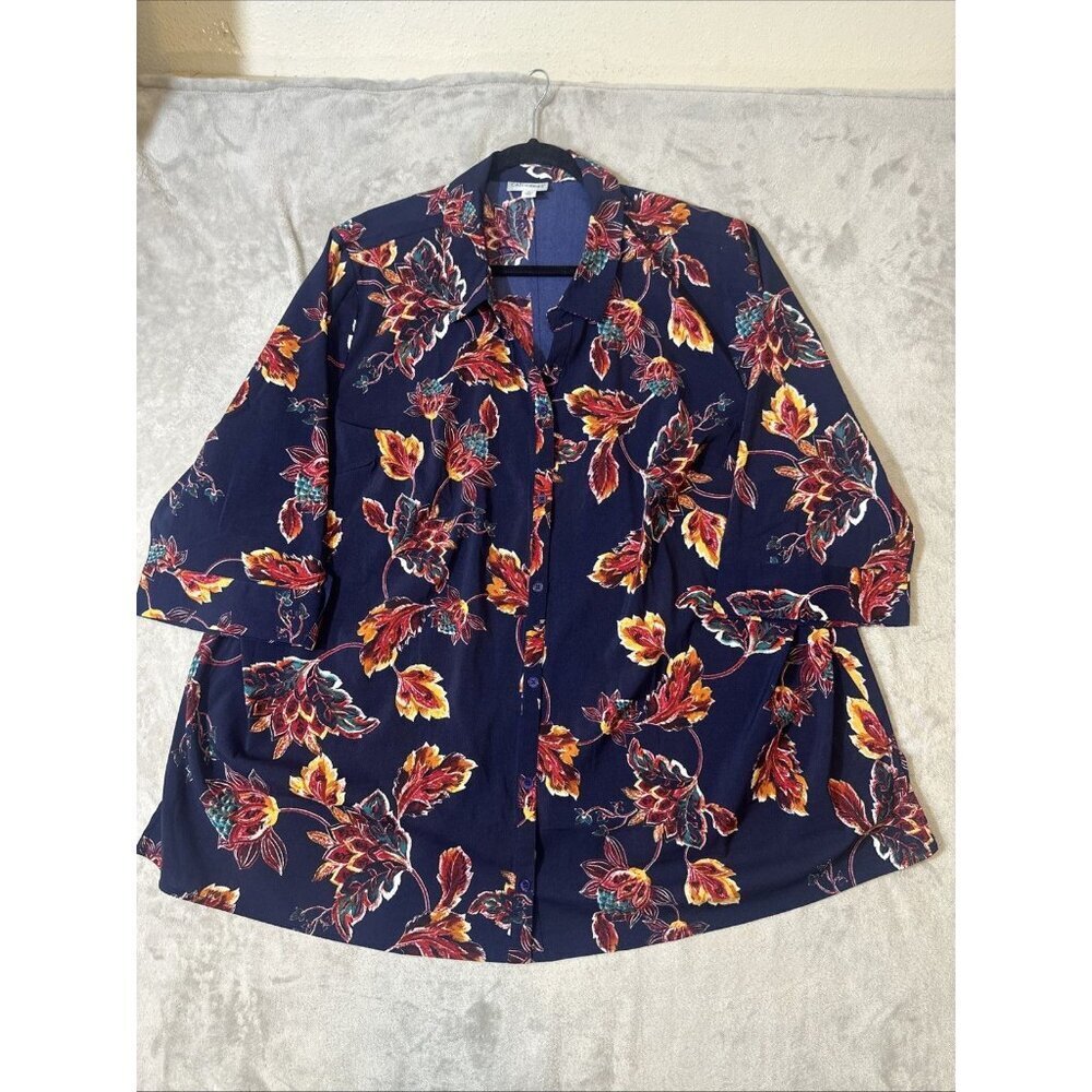 Catherines 3X Blouse Navy Multicolor Leaf Print Stretch Button Front 3/4 Sleeve - Picture 1 of 10
